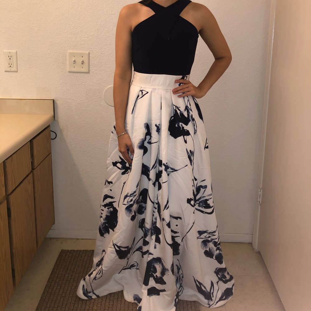 ralph lauren navy blue and white gown